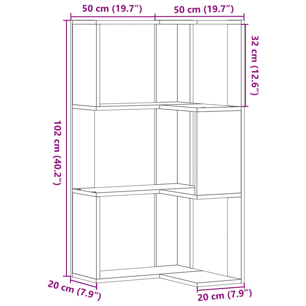 Corner Bookcase 3-Tier White 50x50x102 cm Engineered Wood