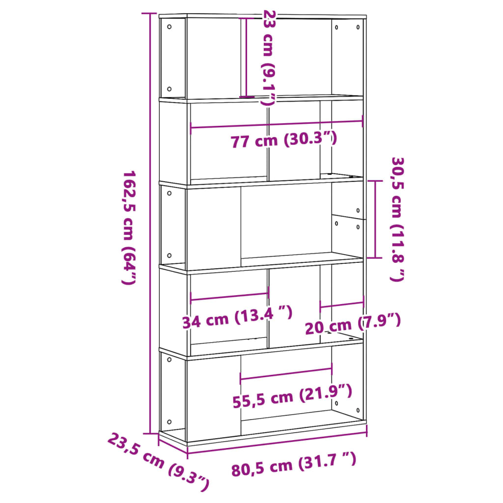 Bookcase 5-Tier White 80,5x23,5x162,5 cm Engineered Wood