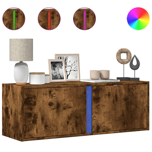 TV Wall Cabinet with LED Lights Smoked Oak 100x31x35 cm