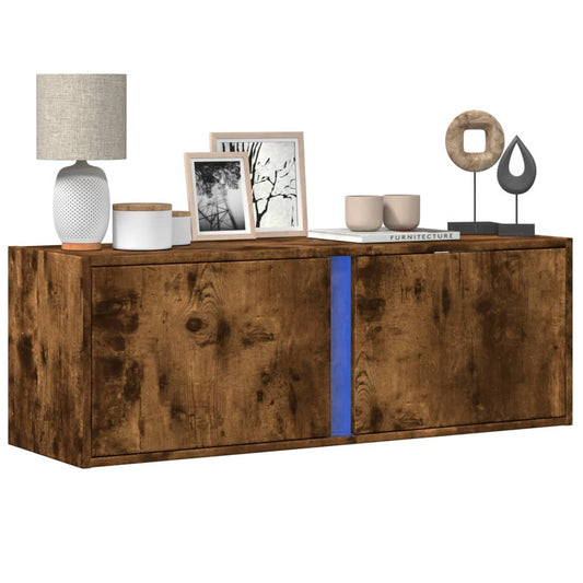 TV Wall Cabinet with LED Lights Smoked Oak 100x31x35 cm