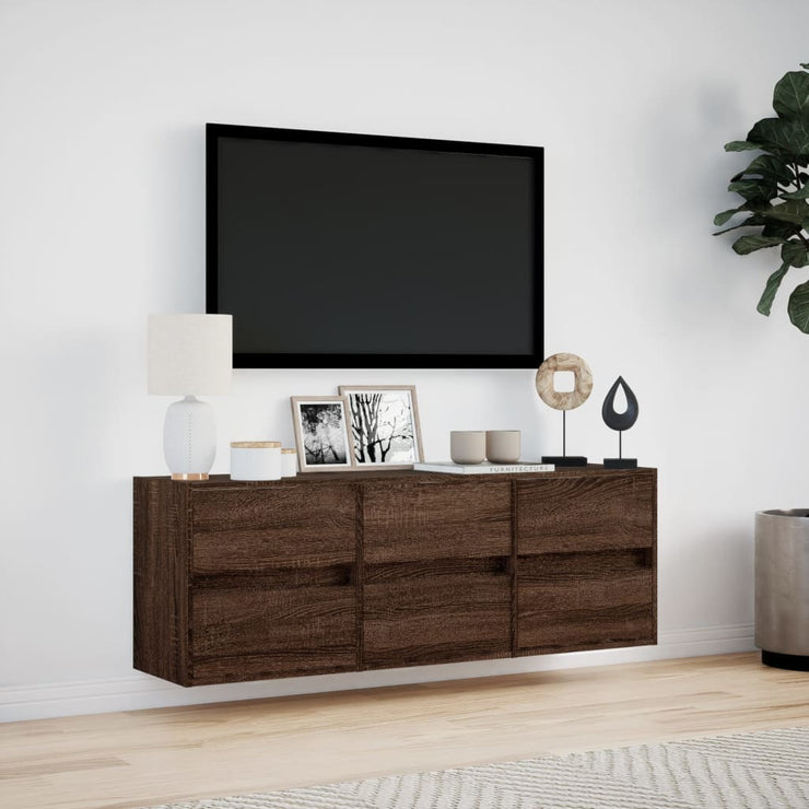 TV Wall Cabinet with LED Lights Brown Oak 130x31x45 cm