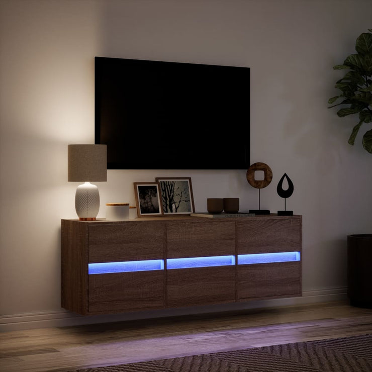 TV Wall Cabinet with LED Lights Brown Oak 130x31x45 cm