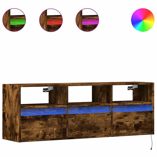 TV Wall Cabinet with LED Lights Smoked Oak 130x31x45 cm