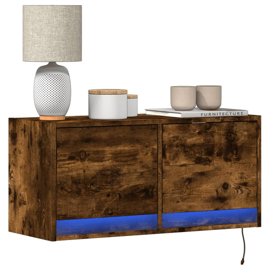 TV Wall Cabinet with LED Lights Smoked Oak 80x31x35 cm