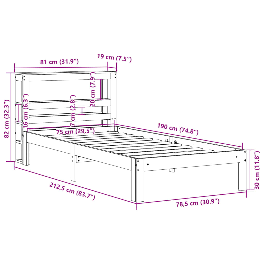 Bed Frame with Headboard without Mattress White 75x190 cm Small Single