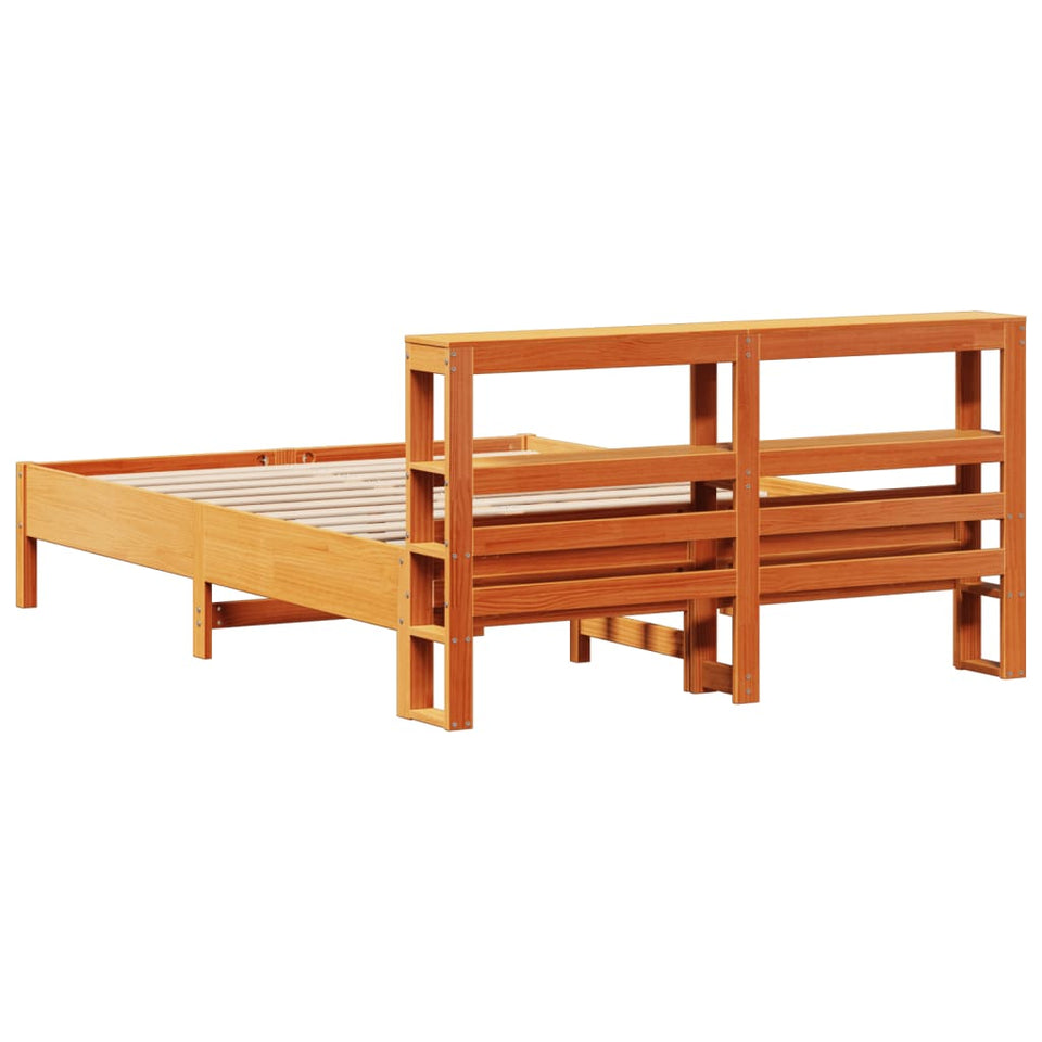 Bed Frame with Headboard Wax Brown 135x190 cm Double Solid Wood Pine