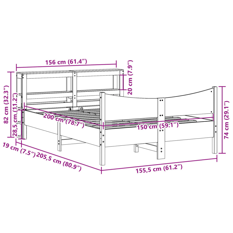 Bed Frame with Headboard 150x200 cm King Size Solid Wood Pine