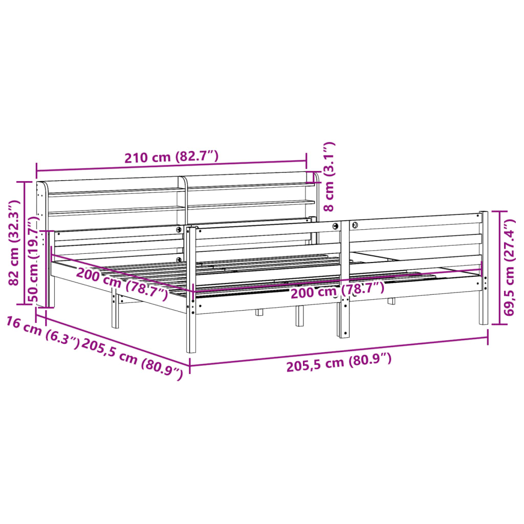 Bed Frame with Headboard without Mattress White 200x200 cm