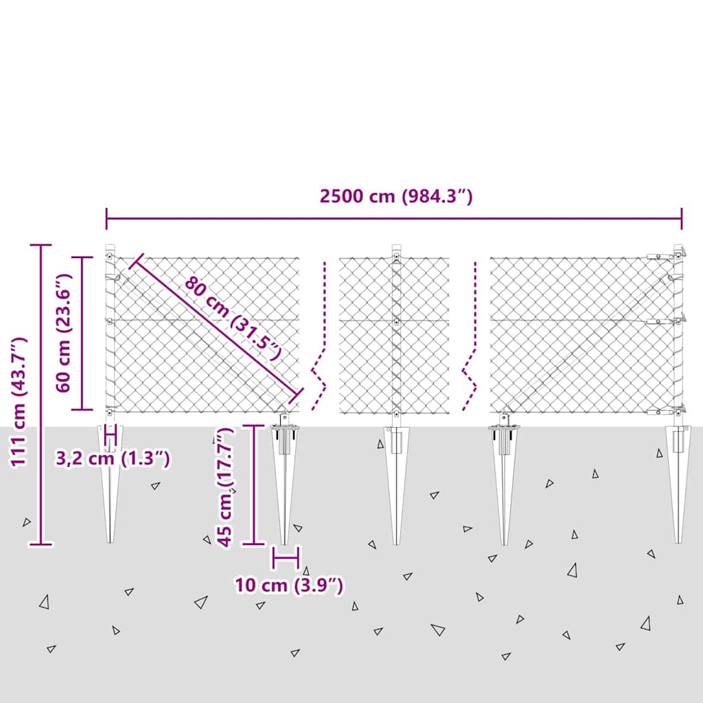 Chainlink Fence with Spikes 25 x 0.6 m Galvanised Steel Silver