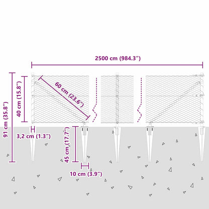 Hexagonal Fence with Post 25 x 0.4 m PVC-Coated Steel Grey Mesh
