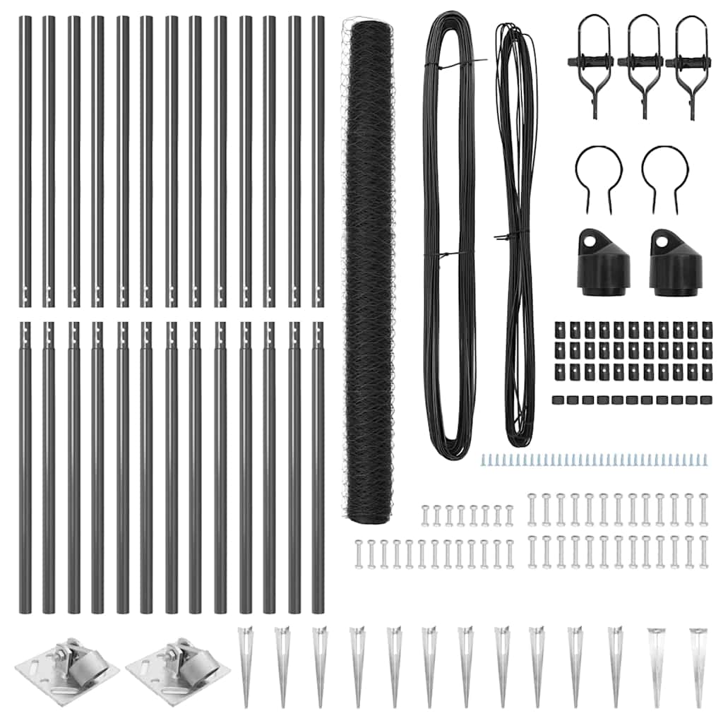Hexagonal Fence with Post 25 x 1.5 m PVC-Coated Steel Grey Mesh