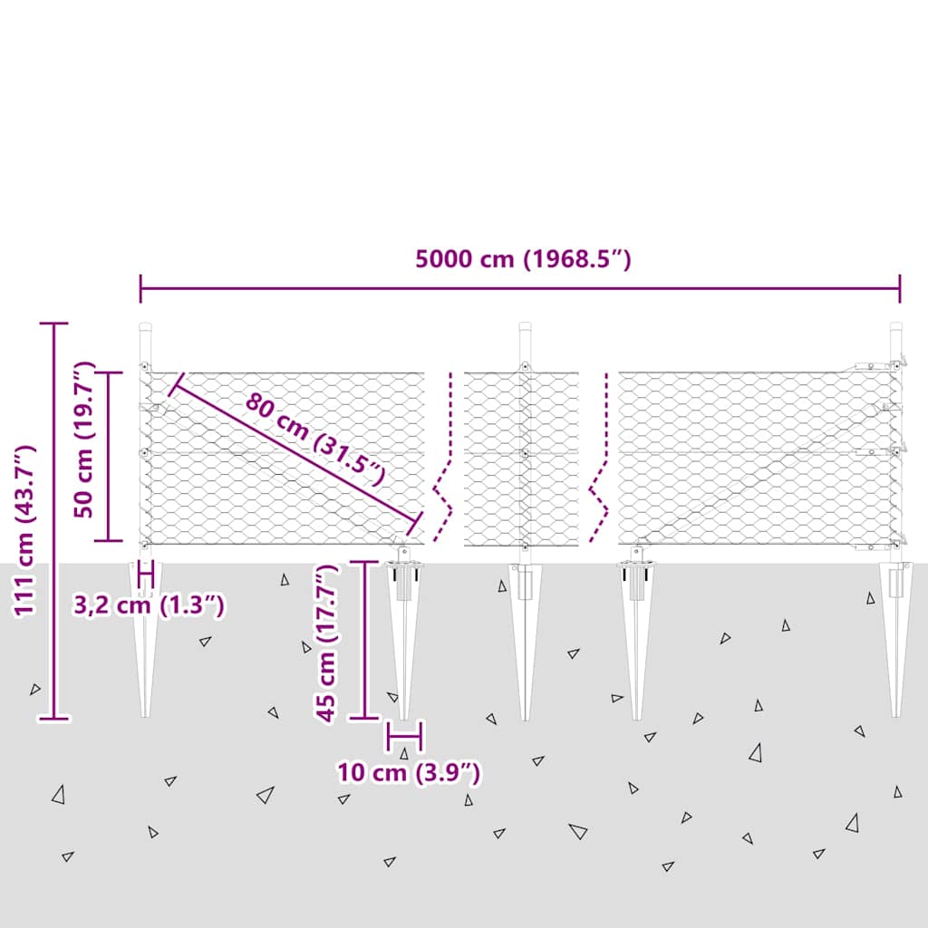 Hexagonal Fence with Post 50 x 0.5 m PVC-Coated Steel Grey Mesh