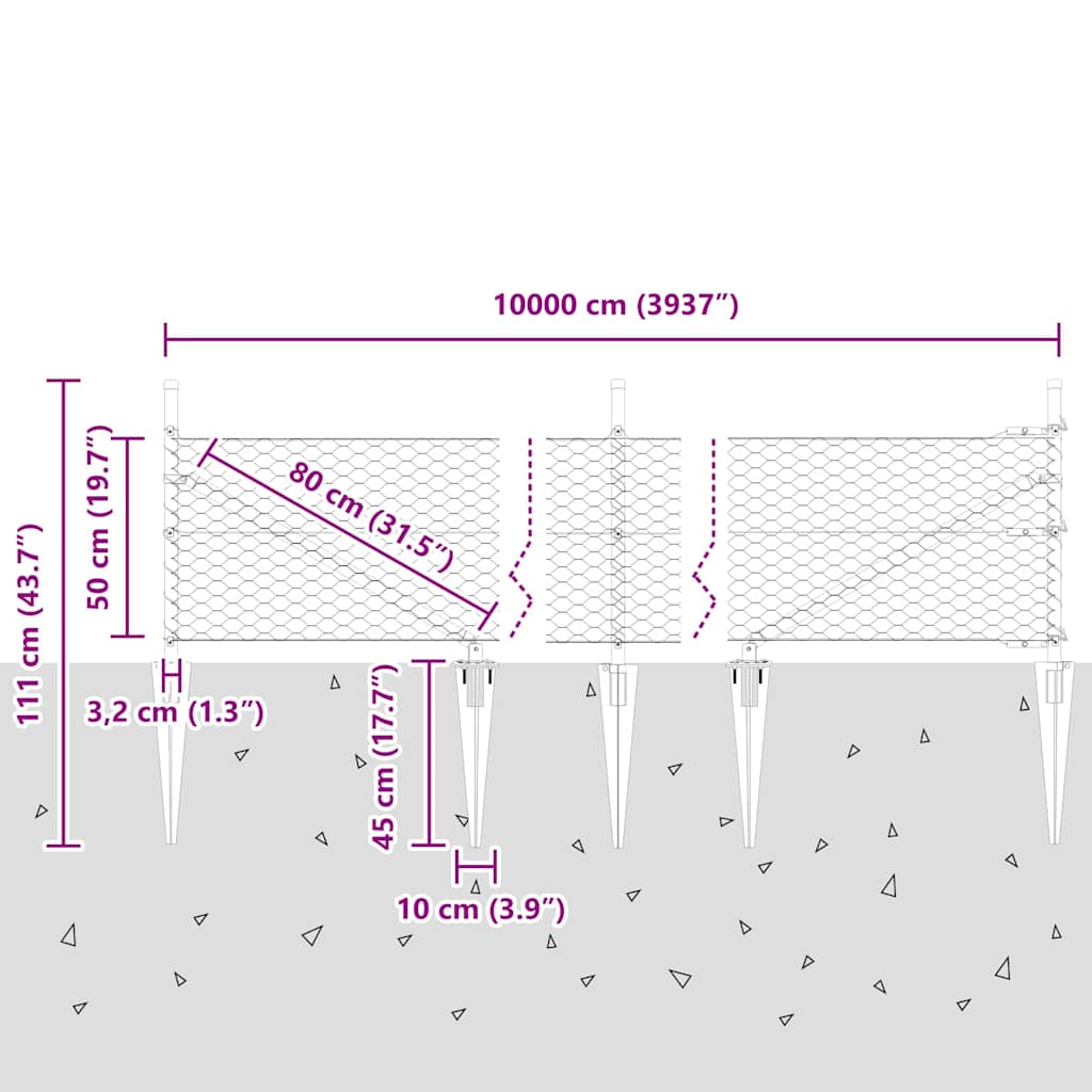 Hexagonal Fence with Post 100 x 0.5 m PVC-Coated Steel Grey