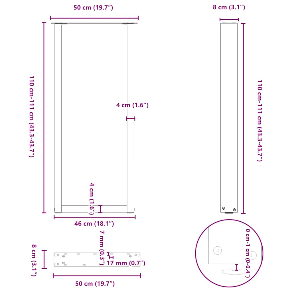 Bar Table Legs U-Shaped 2 pcs White 50x(110-111) cm Steel
