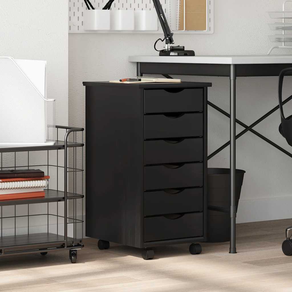 Rolling Cabinet with Drawers MOSS Black Solid Wood Pine
