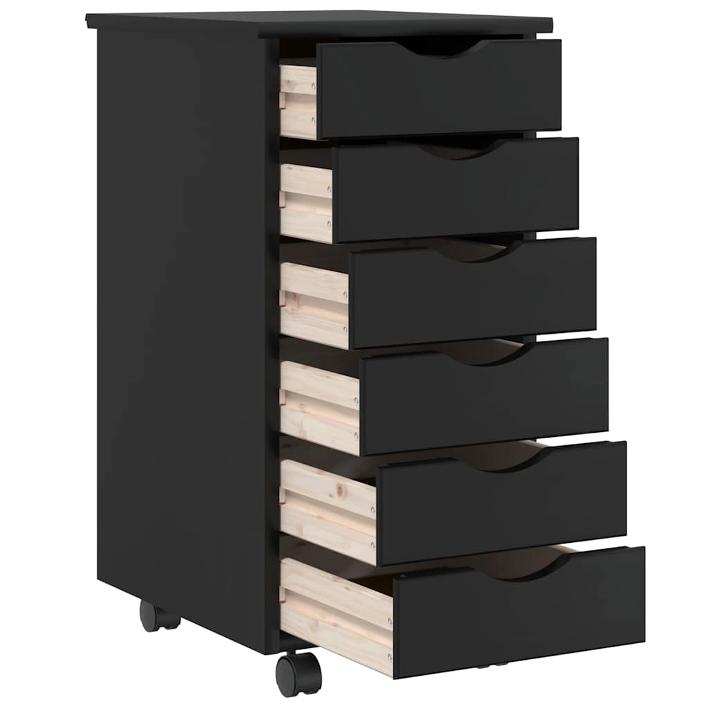 Rolling Cabinet with Drawers MOSS Black Solid Wood Pine