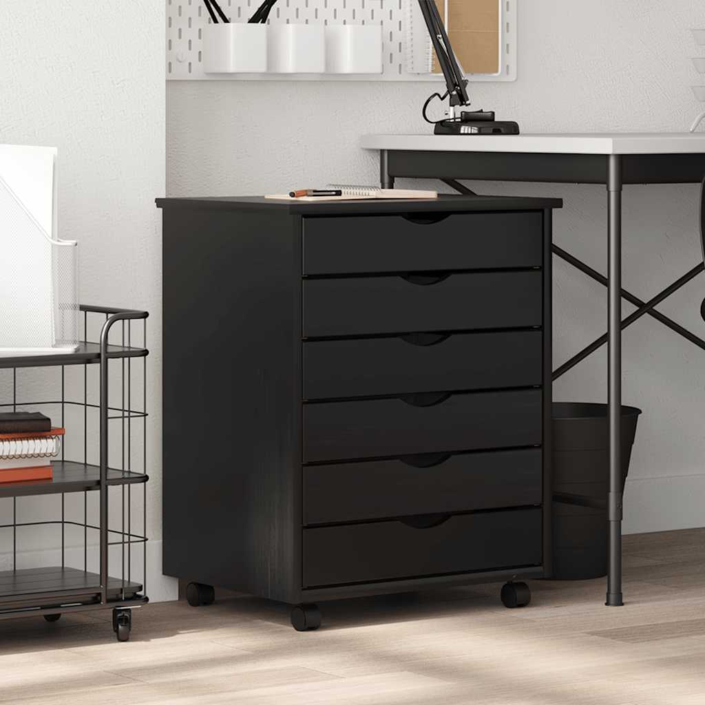Rolling Cabinet with Drawers MOSS Black Solid Wood Pine