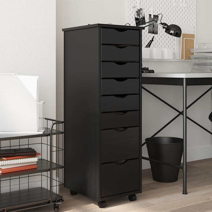 Rolling Cabinet with Drawers "MOSS" Black Solid Wood Pine