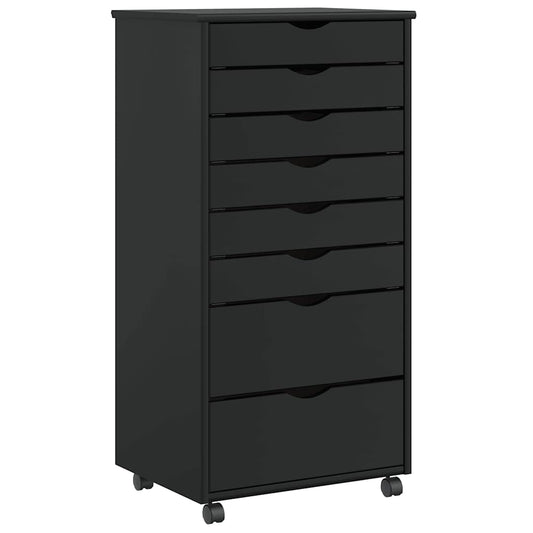 Rolling Cabinet with Drawers "MOSS" Black Solid Wood Pine