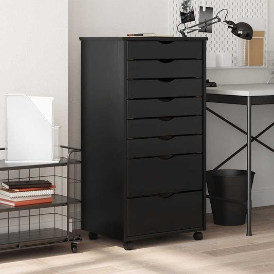 Rolling Cabinet with Drawers "MOSS" Black Solid Wood Pine