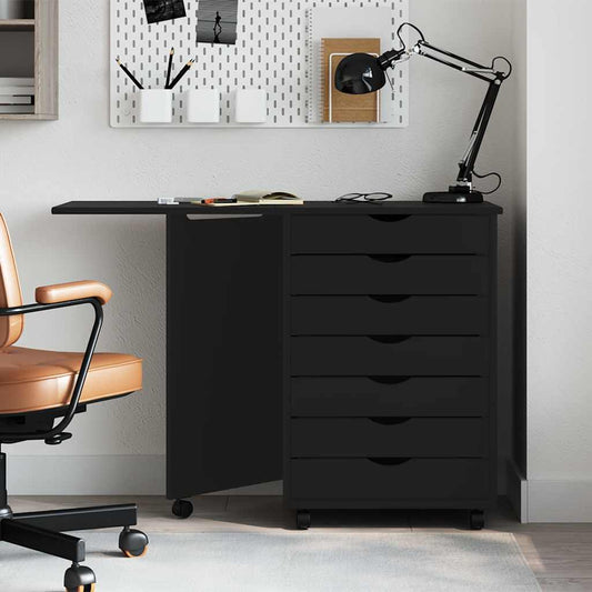 Rolling Cabinet with Desk MOSS Black Solid Wood Pine