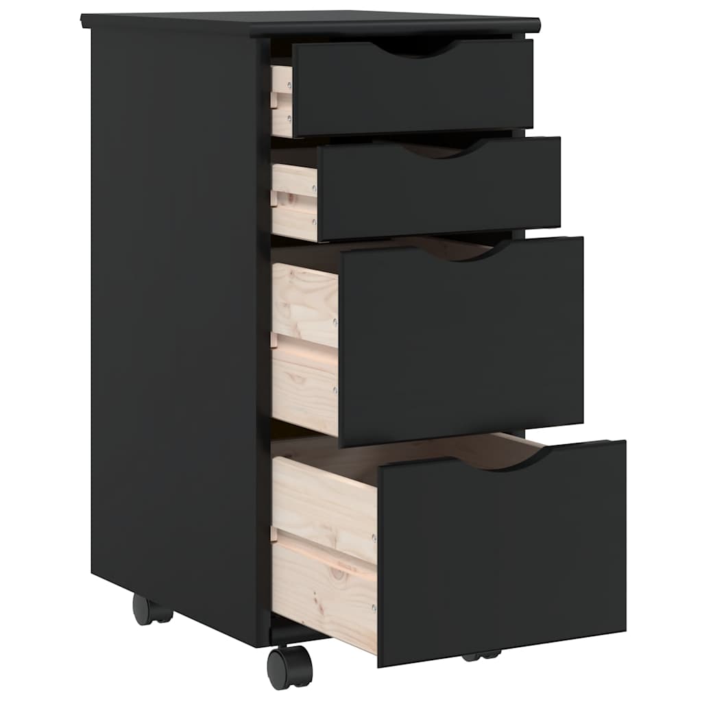 Rolling Cabinet with Drawers MOSS Black Solid Wood Pine