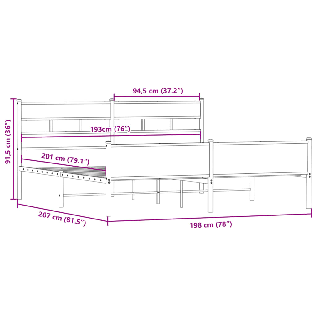 Metal Bed Frame without Mattress Smoked Oak 193x203 cm