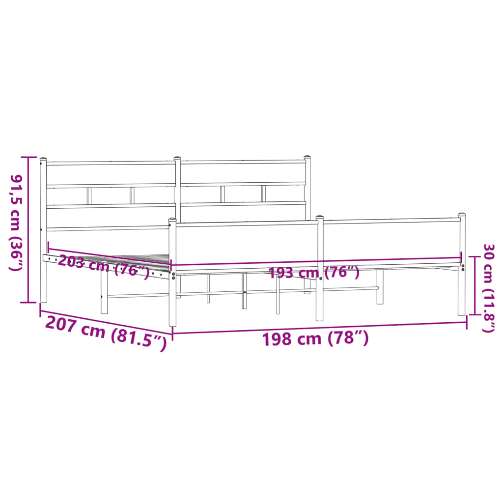 Metal Bed Frame without Mattress Brown Oak 193x203 cm