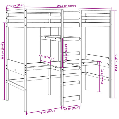 Loft Bed Frame with Desk and Shelves Wax Brown 90x200cm Solid Wood Pine