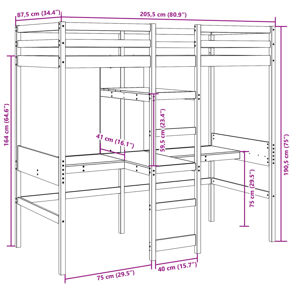 Loft Bed Frame without Mattress White 80x200cm Solid Wood Pine