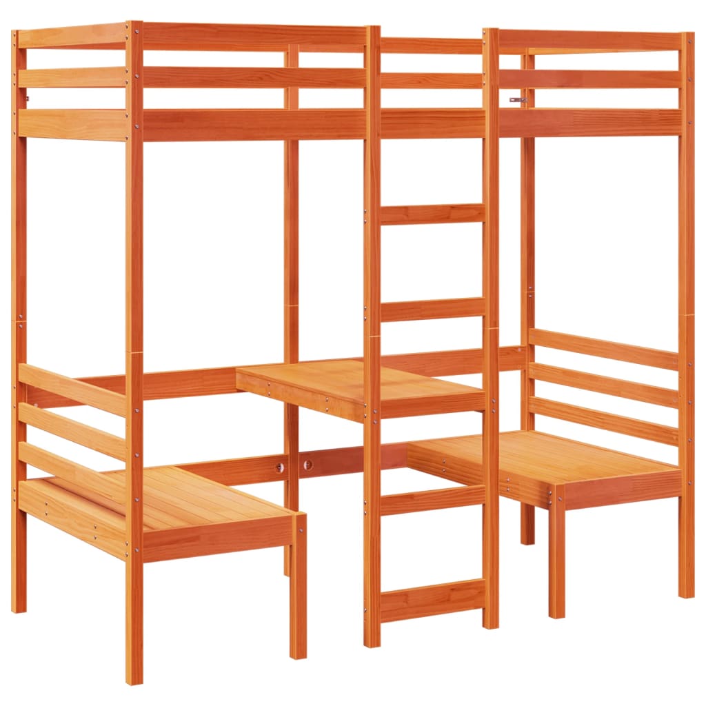 Loft Bed Frame with Desk and Chairs Wax Brown 90x200cm Solid Wood Pine