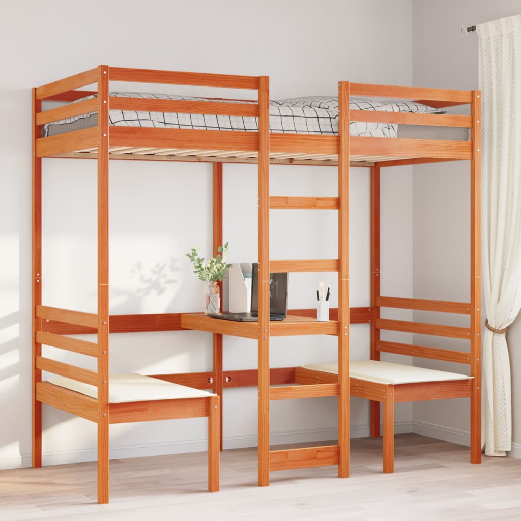 Loft Bed Frame with Desk and Chairs Wax Brown 90x200cm Solid Wood Pine