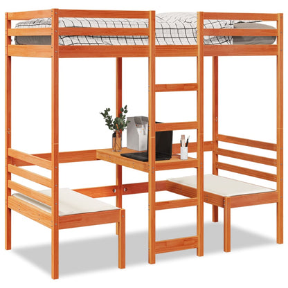 Loft Bed Frame with Desk and Chairs Wax Brown 90x200cm Solid Wood Pine