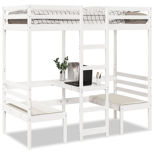 Loft Bed Frame with Desk and Chairs White 80x200cm Solid Wood Pine