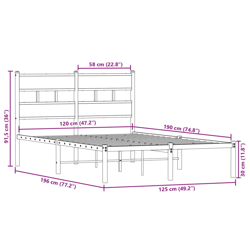 Metal Bed Frame without Mattress Sonoma Oak 120x190 cm Small Double