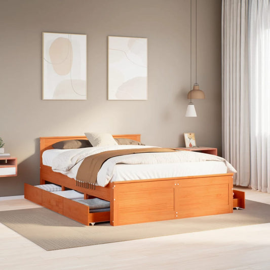 Bed Frame without Mattress with Headboard Wax Brown 140x200 cm Solid Wood Pine