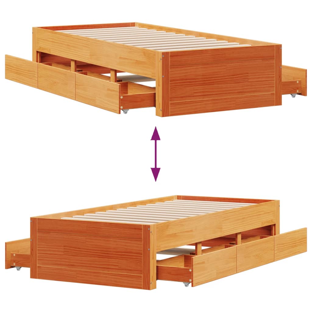 Bed Frame without Mattress with Drawers Wax Brown 90x200 cm Solid Wood Pine