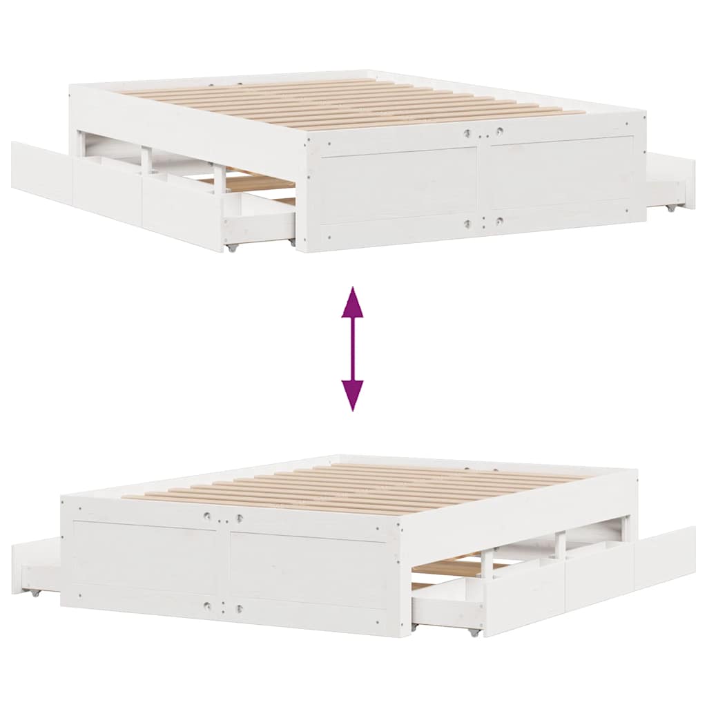 Bed Frame without Mattress with Drawers White 140x190 cm Solid Wood Pine