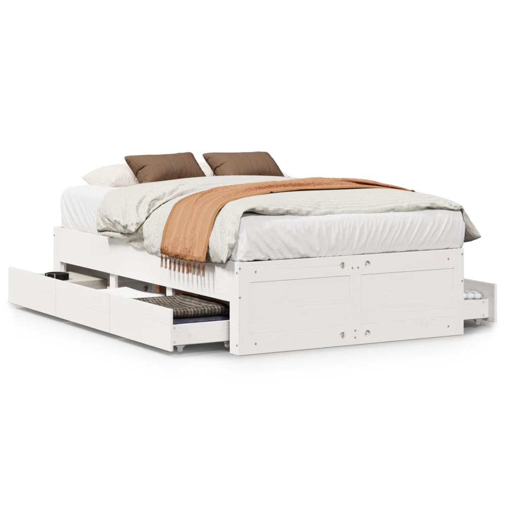 Bed Frame without Mattress with Drawers White 135x190 cm Double Solid Wood Pine