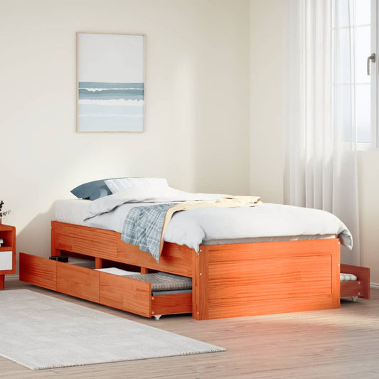 Bed Frame without Mattress with Drawers Wax Brown 75x190 cm Small Single Solid Wood Pine