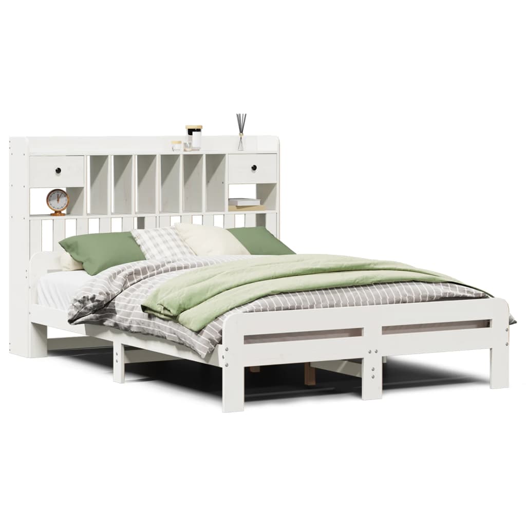 Bookcase Bed without Mattress White 150x200 cm King Size Solid Wood Pine