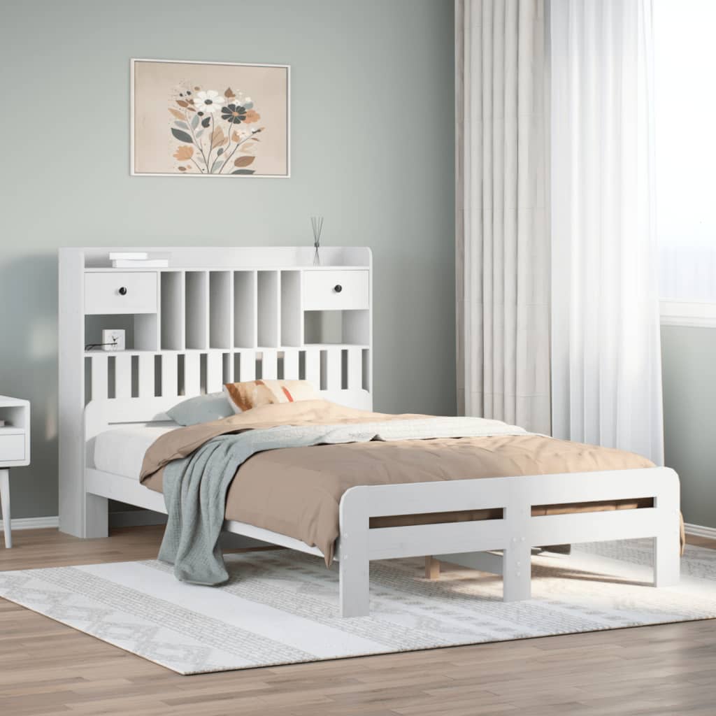 Bookcase Bed without Mattress White 135x190 cm Double Solid Wood Pine