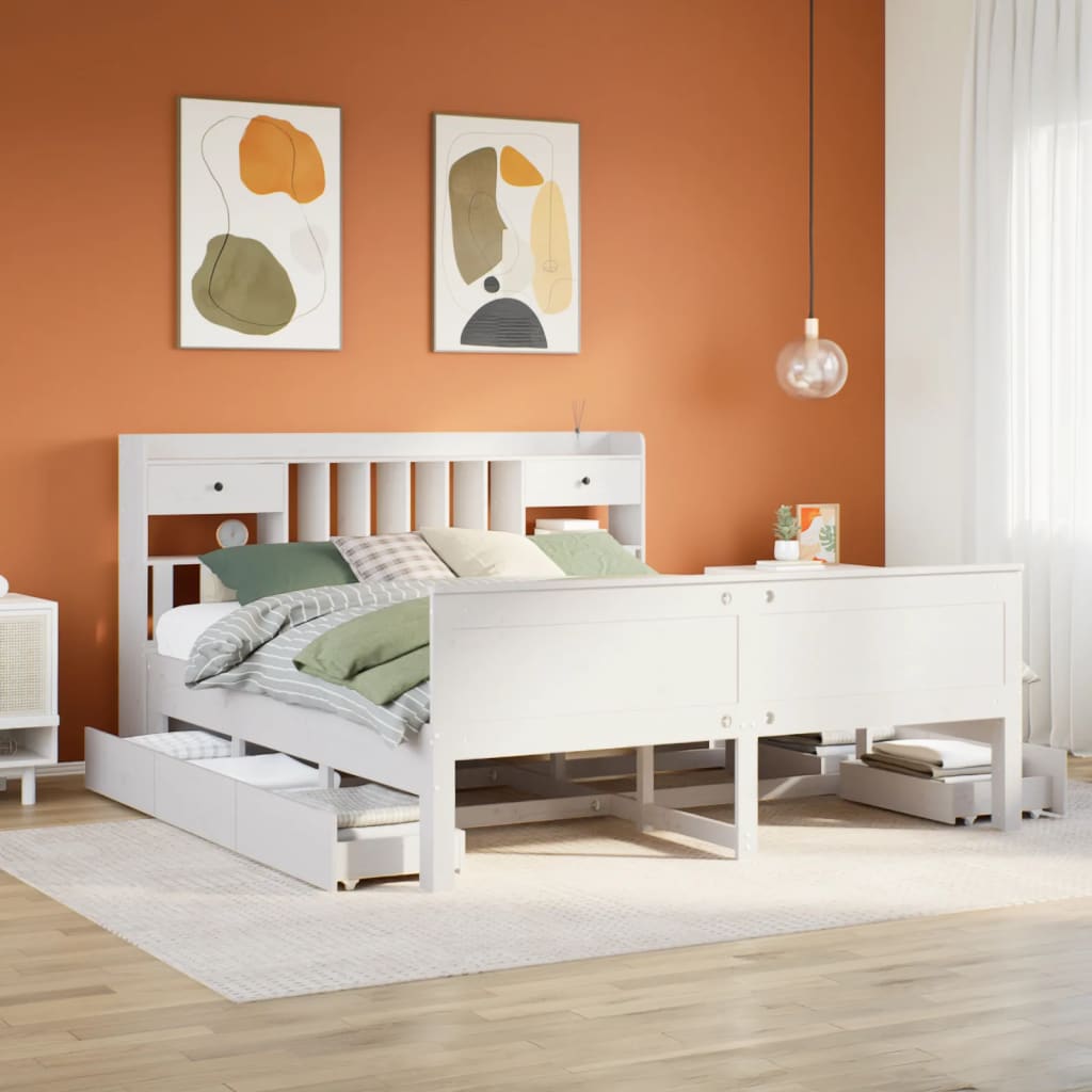 Bookcase Bed without Mattress White 180x200 cm Super King Solid Wood Pine