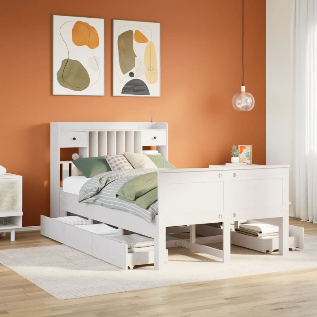 Bookcase Bed without Mattress White 135x190 cm Double Solid Wood Pine
