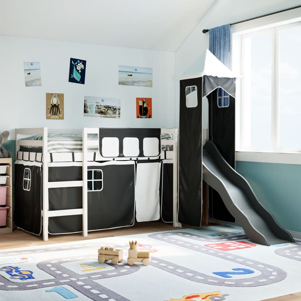 Kids' Loft Bed with Tower White&Black 90x190 cm Solid Wood Pine