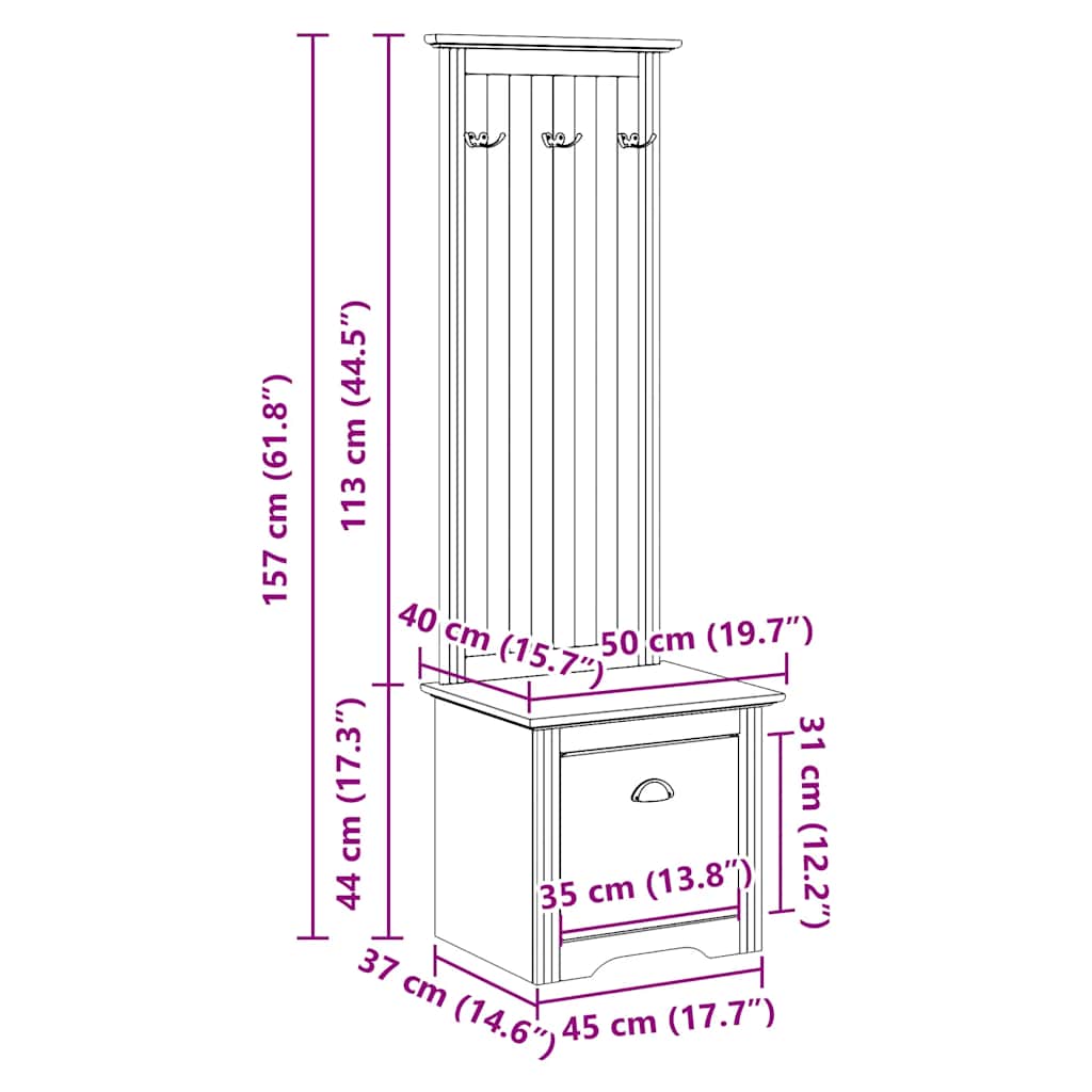 Hallway Cabinet with Hooks BODO White 50x40x157 cm