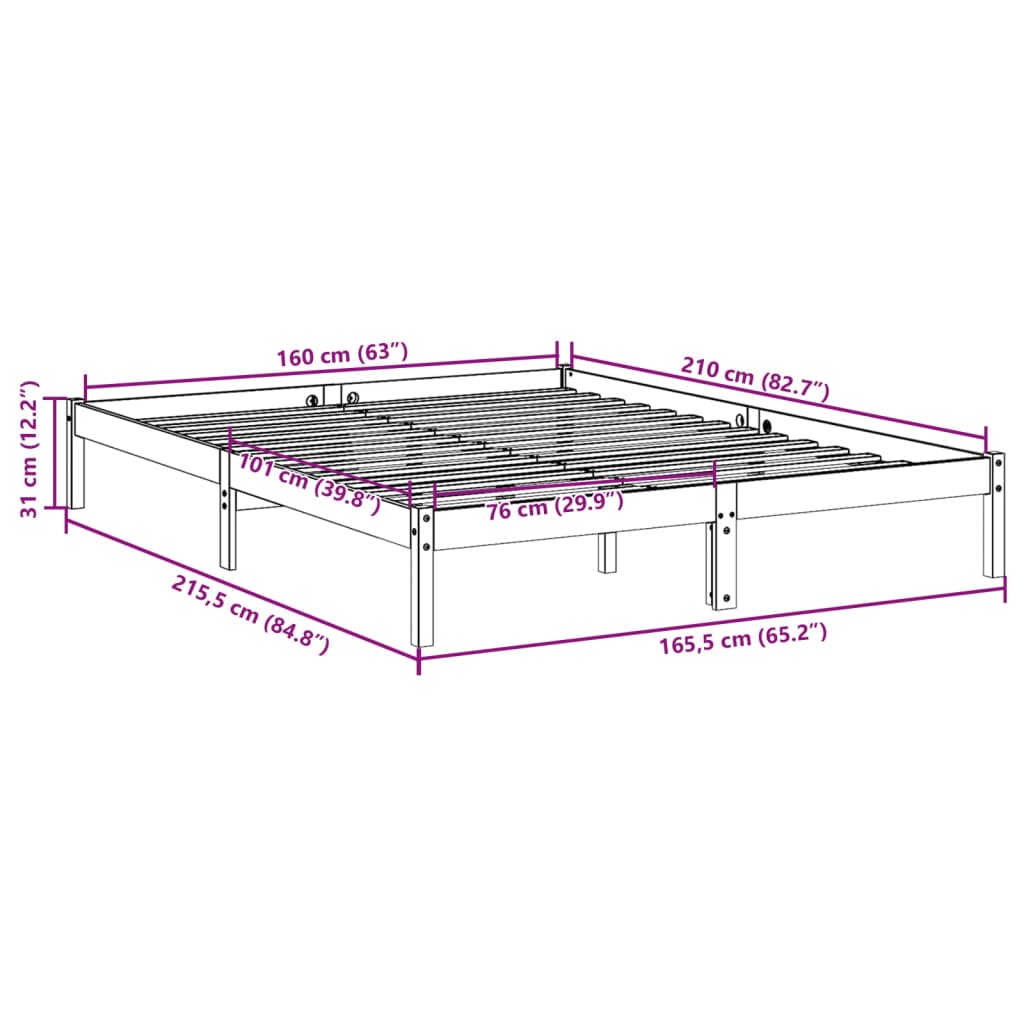Extra Long Bed Frame without Mattress White 160x210 cm Solid Wood Pine