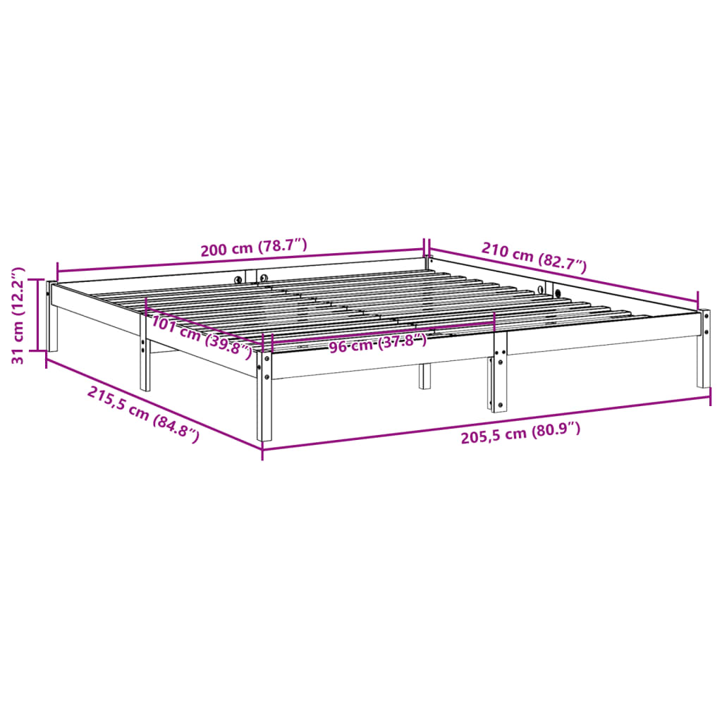 Extra Long Bed Frame without Mattress White 200x210 cm Solid Wood Pine