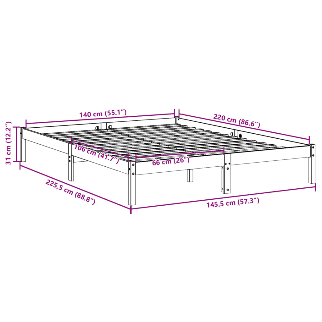 Extra Long Bed Frame without Mattress White 140x220 cm Solid Wood Pine