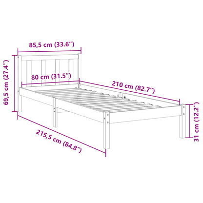 Bed Frame | White | Solid pine wood | Single, 80x210 cm | Extra Long